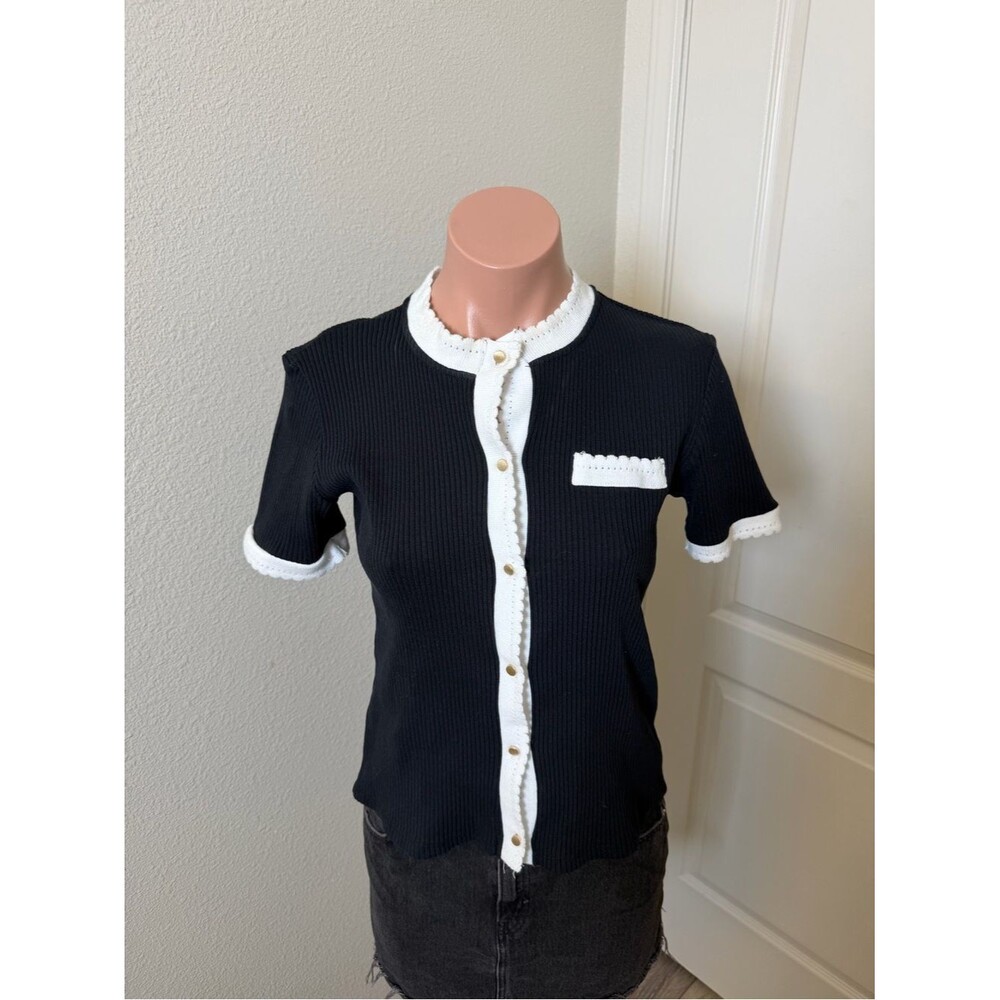 Zara Black Knit Button-Up Top with White Trim Sz S